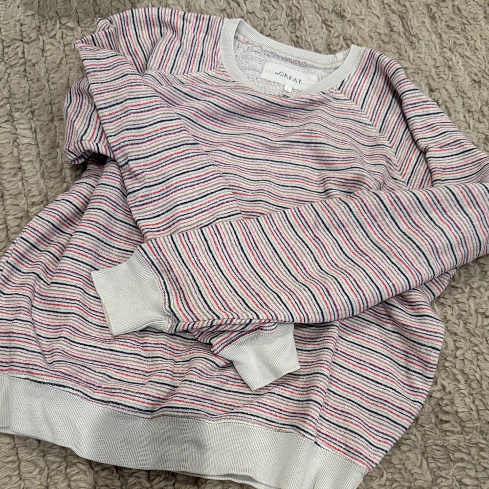 THE GREAT. Striped Sweatshirt in Pink, Blue, and White